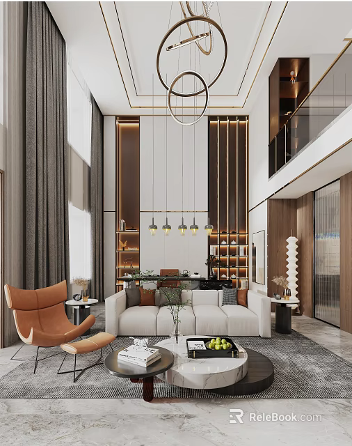 Modern Loft Living Room With Sofa Pendant Lights And Decor 3d model