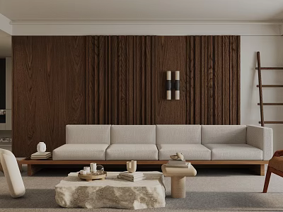 Modern Living Room Interior With Wooden Accent Wall Beige Sofa And Stone Coffee Table 3d model