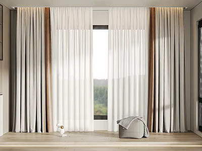 White Sheer Curtains Enhancing Interior Space With Window Natural Light And Decorative Stool 3d model