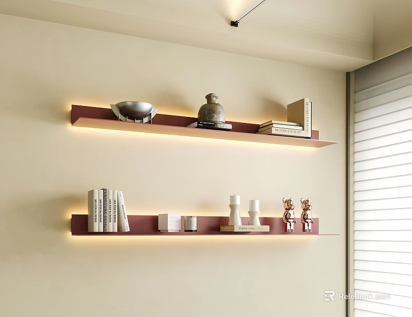 Modern Floating Wall Shelves With LED Lighting Displaying Books Decorative Vase And Ornaments 3d model 
