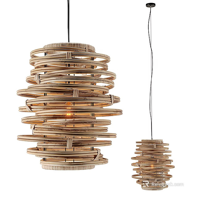 Two Rattan Pendant Lights Featuring Layered Circular Design In Natural Finish 3d model 