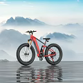 Red Electric Mountain Bike Parked On Water Surface With Scenic Mountain Reflection