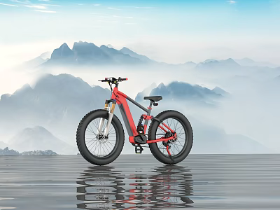 Red Electric Mountain Bike Parked On Water Surface With Scenic Mountain Reflection 3d model