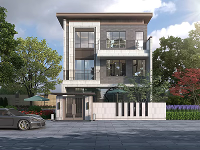 Modern Detached Villa With Large Windows Balconies And Surrounding Greenery Trees 3d model