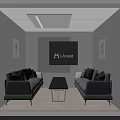 Modern Lounge Area With Gray Sofas Black Coffee Table TV And Wall Paintings
