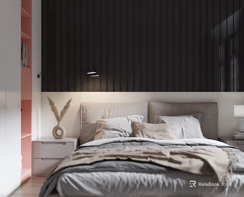 Modern Bedroom Interior Design With Black Vertical Striped Wall Pink Accent And Cozy Bedding 3d model 