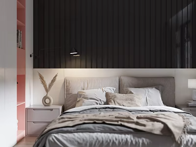 Modern Bedroom Interior Design With Black Vertical Striped Wall Pink Accent And Cozy Bedding 3d model