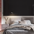Modern Bedroom Interior Design With Black Vertical Striped Wall Pink Accent And Cozy Bedding