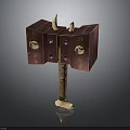 Symmetric Square Decorative Component With Purple Brown Panels Wooden Handle And White Protrusions