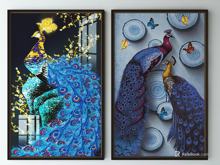 Vibrant Animal Paintings of Peacocks with Blue Feathers Yellow Butterflies and Circular Decorations 3d model 
