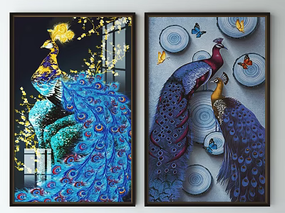 Vibrant Animal Paintings of Peacocks with Blue Feathers Yellow Butterflies and Circular Decorations 3d model