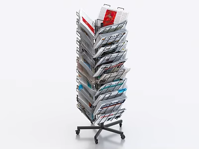 Functional Magazine Rack With Multiple Shelves Holding Various Magazines On Wheels 3d model