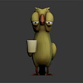 3D Cartoon Yellow Bird Character Holding White Cup With Sleepy Expression 3d model