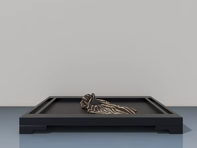 Artistic Intricate Sculpture Carving Artwork Showcased On Black Wooden Tray 3d model
