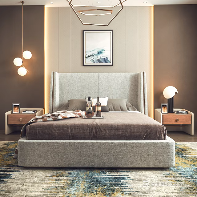 Modern Double Bed With Upholstered Headboard Brown Bedspread Wooden Nightstands Lamps Wall Art Pendant Lights 3d model 