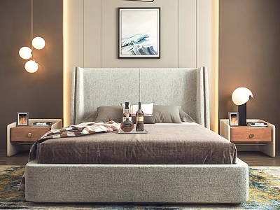 Modern Double Bed With Upholstered Headboard Brown Bedspread Wooden Nightstands Lamps Wall Art Pendant Lights 3d model