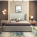Modern Double Bed With Upholstered Headboard Brown Bedspread Wooden Nightstands Lamps Wall Art Pendant Lights