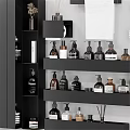 Organized Bathroom Essentials With Storage Shelves Towels Robe Bottles And Toiletries