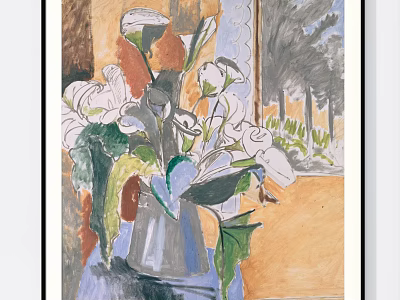 Beautiful Botanical Painting With White Flowers Green Leaves In Vase Window And Outside Trees View 3d model