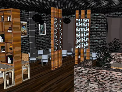 Cafe Interior Design With Wooden Bookshelves Lattice Screens Brick Walls And Green Plants 3d model