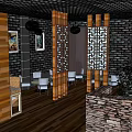 Cafe Interior Design With Wooden Bookshelves Lattice Screens Brick Walls And Green Plants