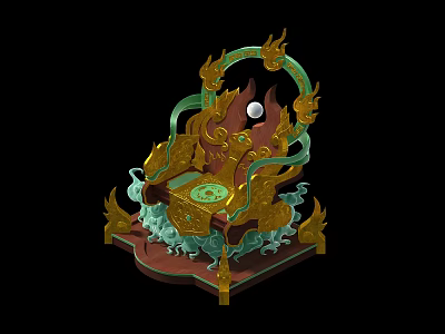 Cartoon Style Golden Green Throne With Dragon Decorations Flame Elements And Round Sphere 3d model