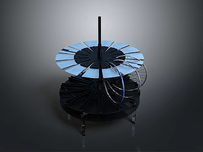 Mechanical Device Model With Blue Fan Blades Black Central Rod Metal Rings And Support Legs 3d model