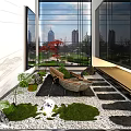 Indoor Landscape Design With Wooden Boat Decoration Green Plants Stones And City View Through Large Window