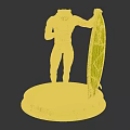 Muscular Green Frog Character Standing With Blue Pink Surfboard On Round Base
