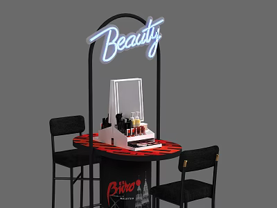 Beauty Cosmetics Display Shelf with Neon Sign Transparent Case and Checkered Tablecloth 3d model