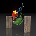 Colorful Parrot With Red Blue Yellow Plumage Perched On Wooden Bar Between Two Posts