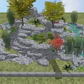 Landscaped Garden Rock Waterfall With Stacked Stones Colorful Trees And Pond
