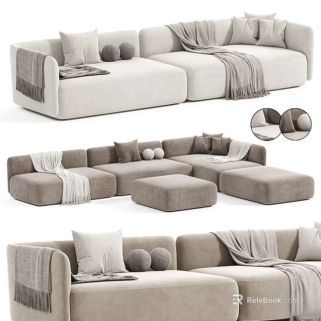 Modern Minimalist Sectional Sofa In Neutral Tones With Decorative Pillows Throw Blankets And Ottomans 3d model 