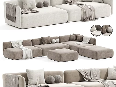 Modern Minimalist Sectional Sofa In Neutral Tones With Decorative Pillows Throw Blankets And Ottomans 3d model