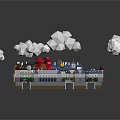 Cartoon Town Scene With Colorful Buildings White Clouds Small Houses And Green Areas