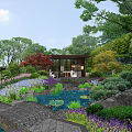Garden Courtyard Design Featuring Pond Lotus Stone Pathway Wooden Gazebo Rockery And Colorful Flowers