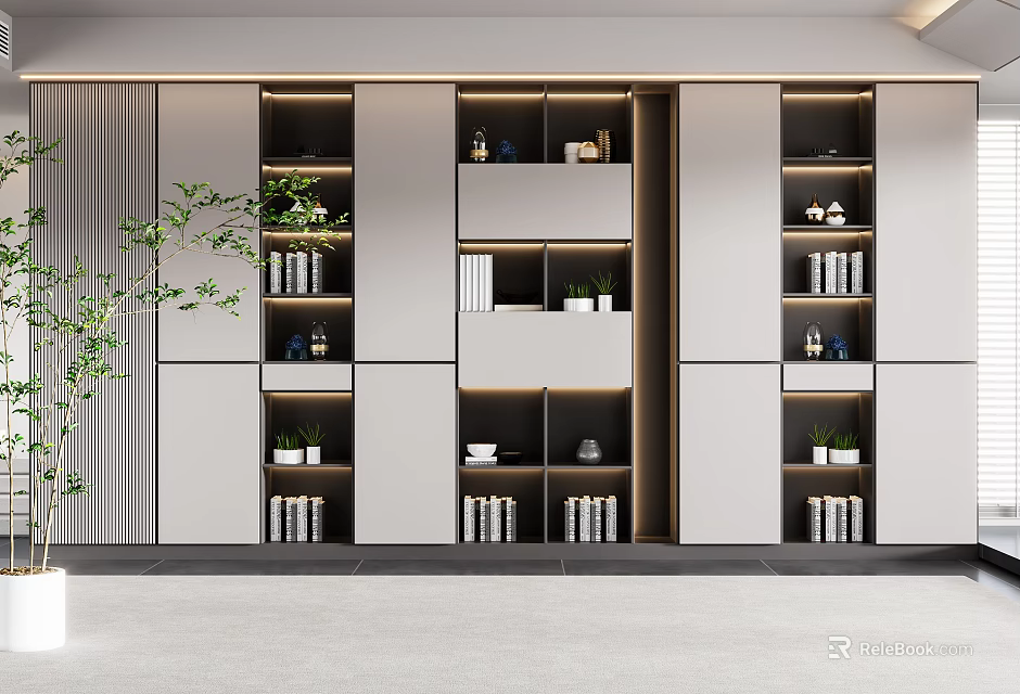 Modern Bookcase Design With Open Shelves Books Decorative Items And Green Plants 3d model 