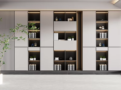 Modern Bookcase Design With Open Shelves Books Decorative Items And Green Plants 3d model