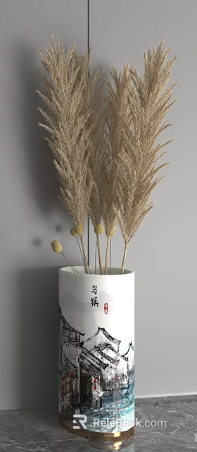 Minimalist Decorative Ornament Set with Dried Pampas Grass and Yellow Spherical Decorations in White Vase 3d model 
