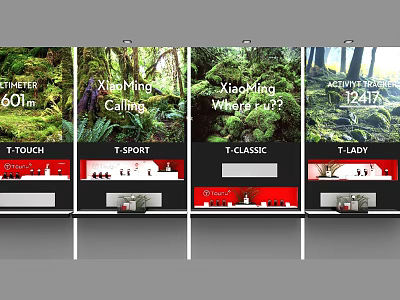 Exhibition Hall Culture Wall with Display Panels Featuring T Series Names and Product Displays 3d model