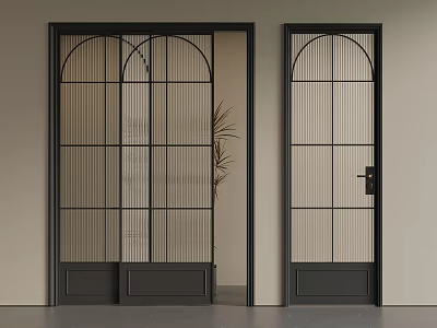 Modern Black Frame Sliding Doors with Arch Top Glass Grid Design Interior 3d model