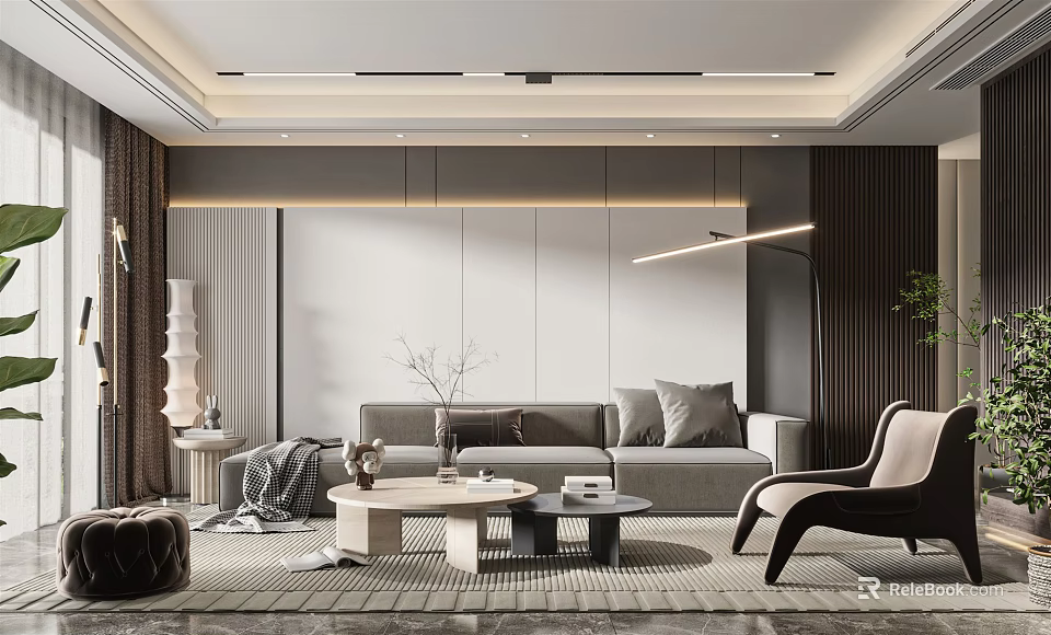 Modern Living Room Interior With Gray Sofa And Wooden Coffee Table 3d model 