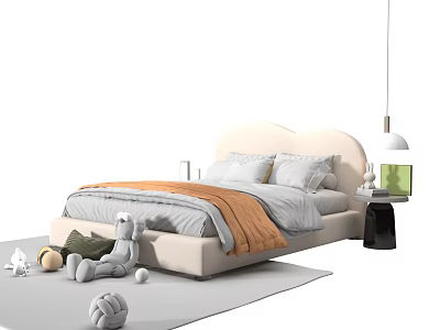 Modern Double Bed With Soft Mattress Pillows Gray Sheets And Bedside Lamp 3d model