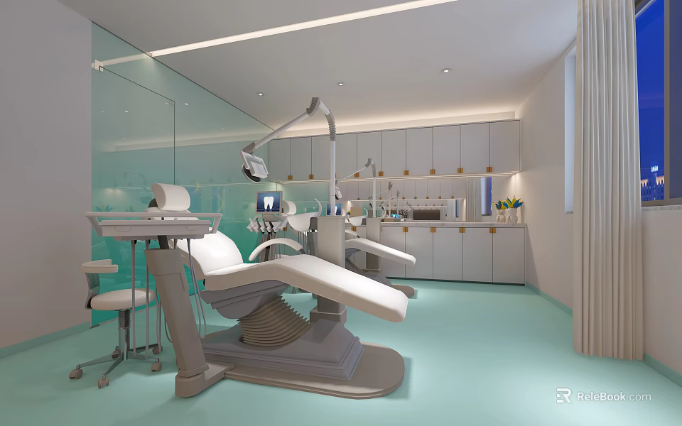 Modern Dental Clinic Interior With Dental Chair Medical Equipment Light Blue Floor And Cabinets 3d model 