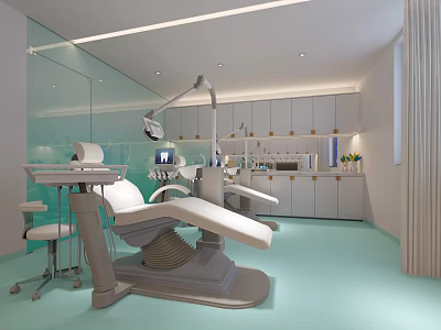 Modern Dental Clinic Interior With Dental Chair Medical Equipment Light Blue Floor And Cabinets 3d model