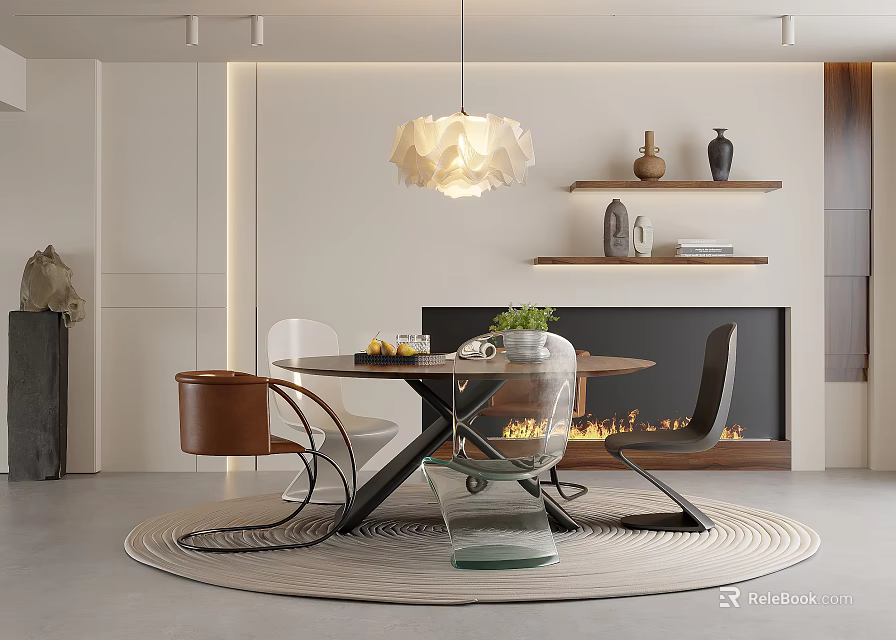 Modern Restaurant Interior With Round Dining Table Chairs Pendant Light Fireplace And Decorative Shelf 3d model 