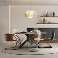 Modern Restaurant Interior With Round Dining Table Chairs Pendant Light Fireplace And Decorative Shelf