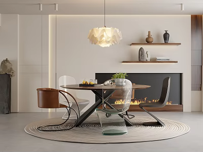 Modern Restaurant Interior With Round Dining Table Chairs Pendant Light Fireplace And Decorative Shelf 3d model