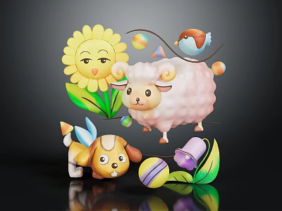 Cute Sheep Puppy and Bird with Sunflower Colorful Balls Leaves and Bell in Playful Scene 3d model