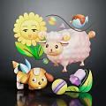 Cute Sheep Puppy and Bird with Sunflower Colorful Balls Leaves and Bell in Playful Scene